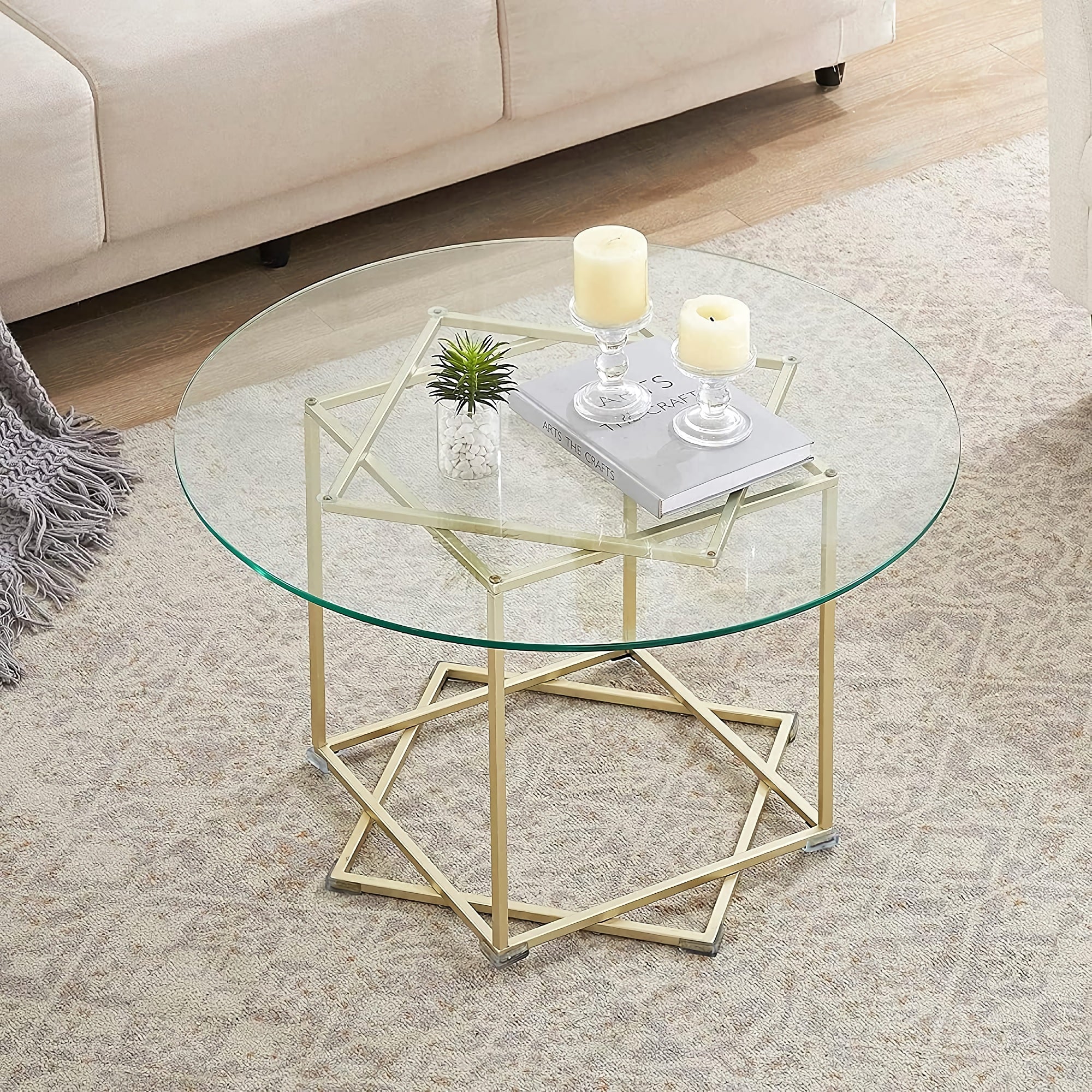 Round Glass Coffee Table, 80 cm Modern Clear Glass Table with Waterproof Tempered Glass, Gold Metal Frame for Home, Living Room, Bedroom - Ruke-CoffeeTable-FWS Round Glass Coffee Table, 80 cm Modern Clear Glass Table with Waterproof Tempered Glass, Gold Metal Frame for Home, Living Room, Bedroom - Ruke-CoffeeTable-FWS